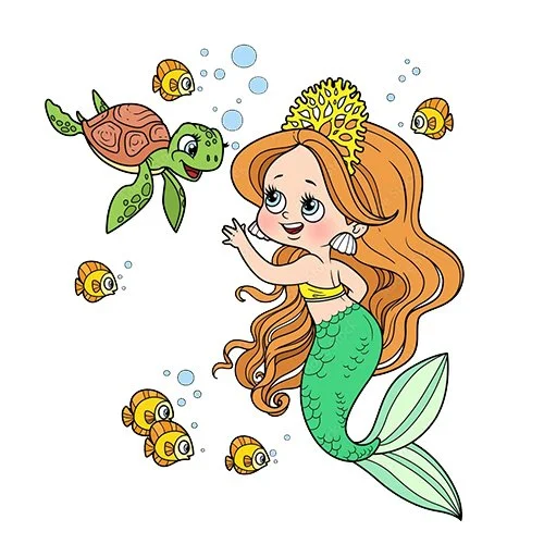 Цветной вариант раскраски черепаха и русалка
