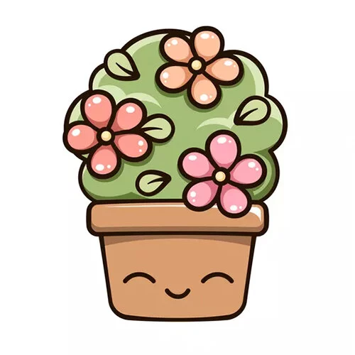 Цветной вариант раскраски цветок в горшке каваи