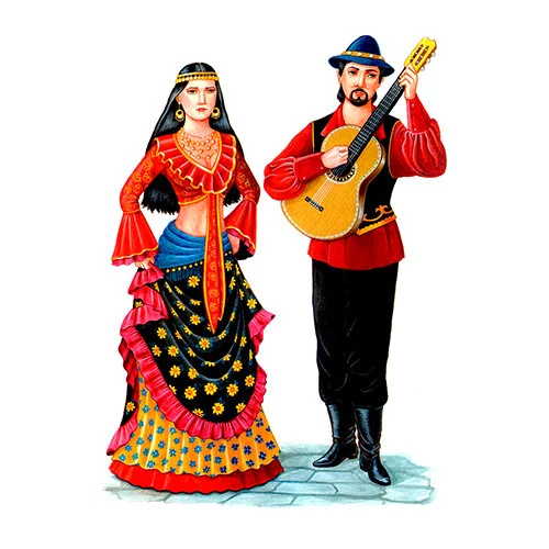 Цветной пример раскраски цыганский национальный костюм