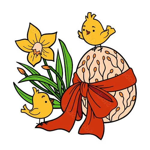 Цветной вариант раскраски цыплята с цветочком весна