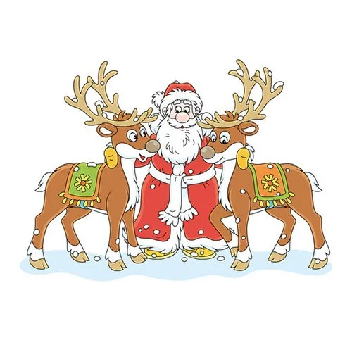 Цветной вариант раскраски дед мороз и два новогодних оленя
