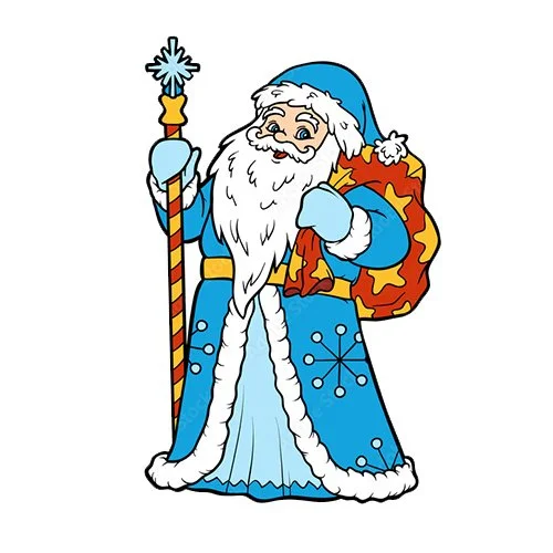 Цветной вариант раскраски дед мороз в длинной шубе и с посохом