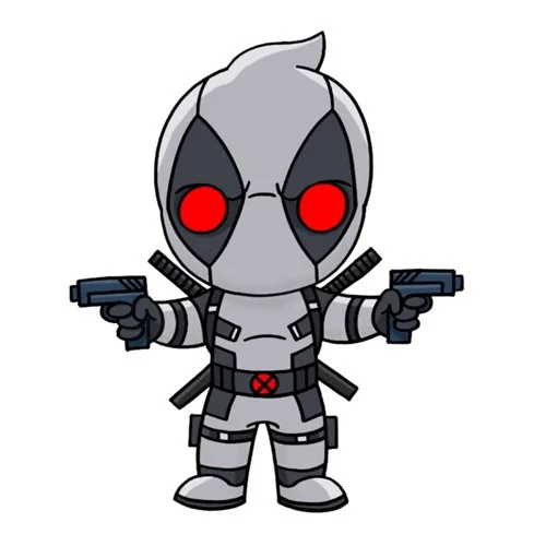 Цветной вариант раскраски дэдпул в двух руках пушки