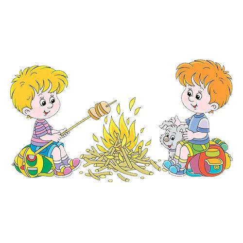 Цветной вариант раскраски дети на пикнике с костром