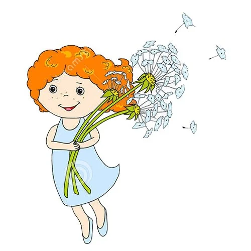 Цветной вариант раскраски девочка с одуванчиками