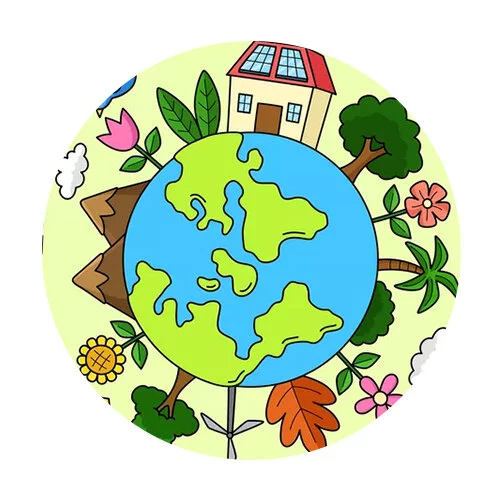 Цветной вариант раскраски дом и деревья на земле