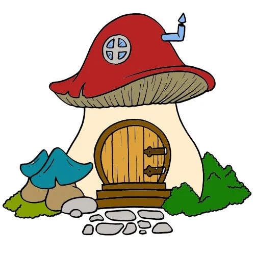 Цветной вариант раскраски домик-гриб