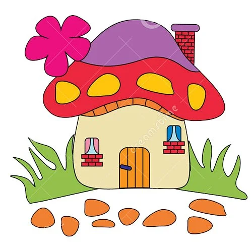 Цветной вариант раскраски домик гриб в лесу и цветочек