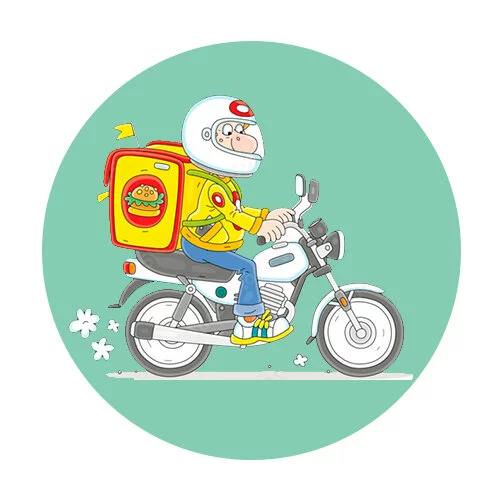 Цветной вариант раскраски доставщик на мотоцикле