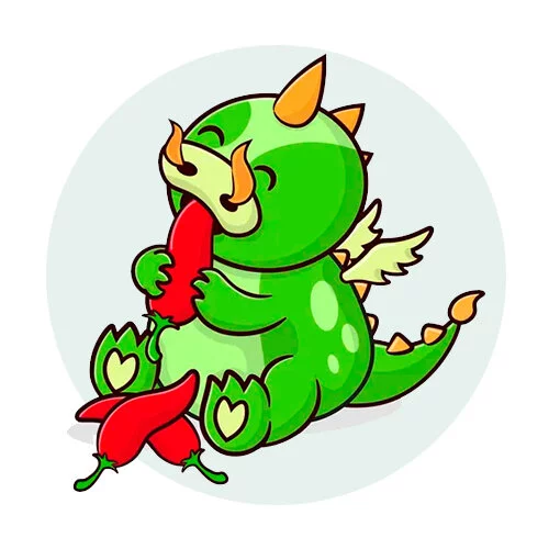 Цветной вариант раскраски дракон ест острый перец