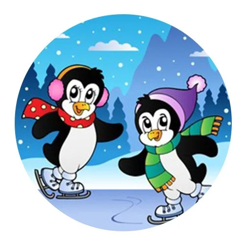 Цветной пример раскраски два пингвина на катке