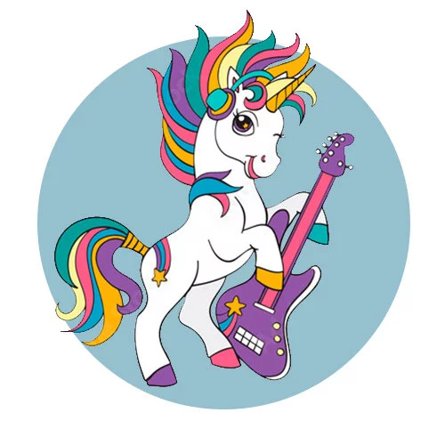 Цветной вариант раскраски единорог гитарист
