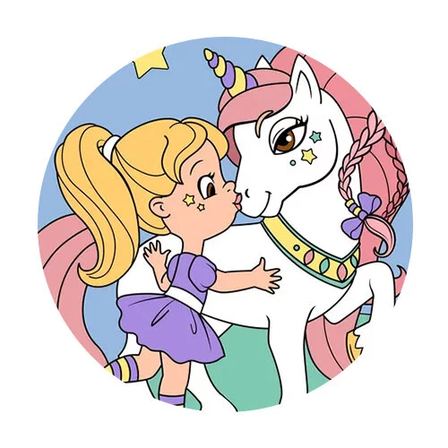 Цветной вариант раскраски единорог и маленькая принцесса