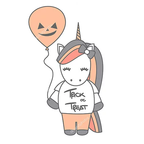 Цветной вариант раскраски единорог и воздушный шарик хэллоуин