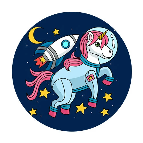 Цветной вариант раскраски единорог-космонавт