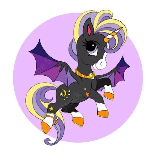 Цветной вариант раскраски единорог летучая мышь