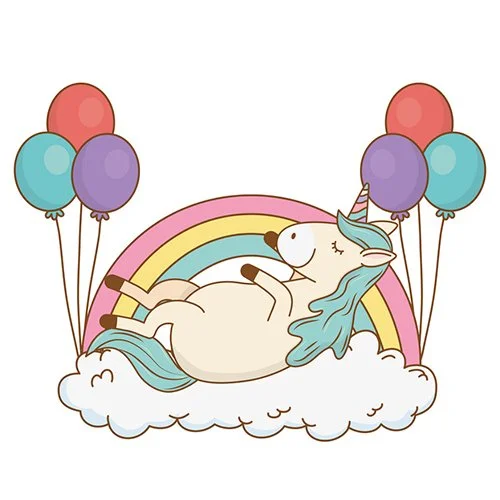 Цветной вариант раскраски единорог отдыхает на радуге