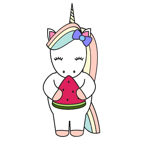 Цветной вариант раскраски единорог с кусочком арбуза