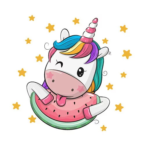 Цветной вариант раскраски единорог с кусочком арбузика