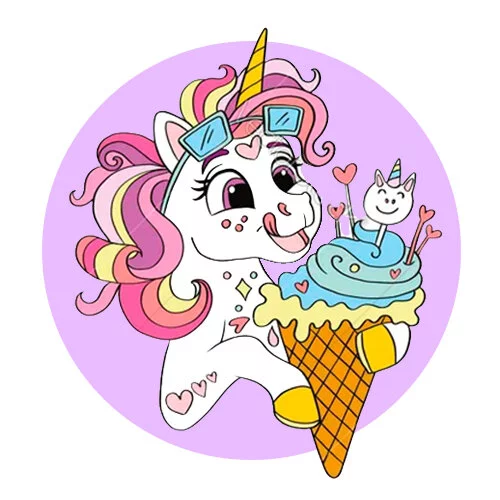 Цветной вариант раскраски единорог с мороженым
