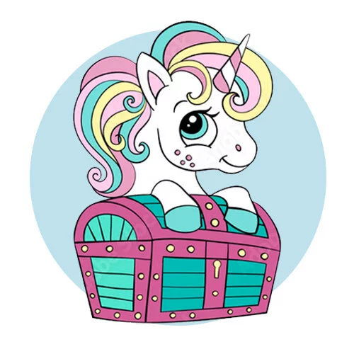 Цветной вариант раскраски единорог с сундуком с сокровищами