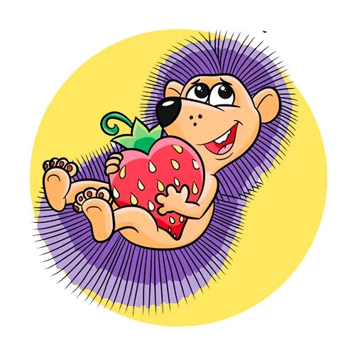 Цветной вариант раскраски ежик с клубникой