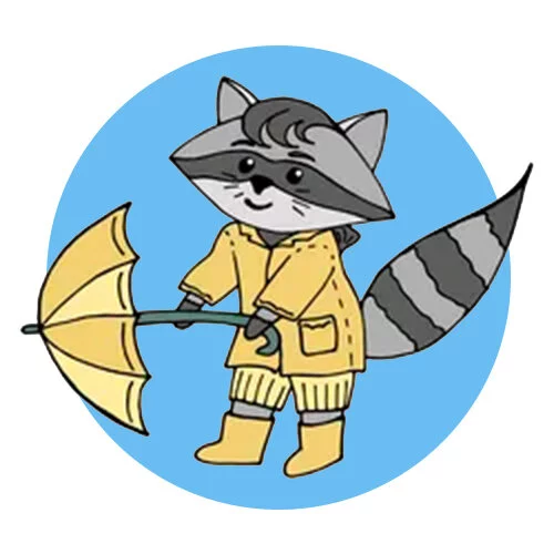 Цветной пример раскраски енот и зонтик