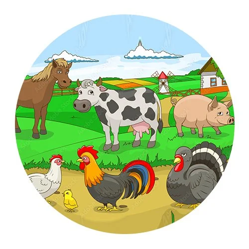 Цветной вариант раскраски ферма животных и петух