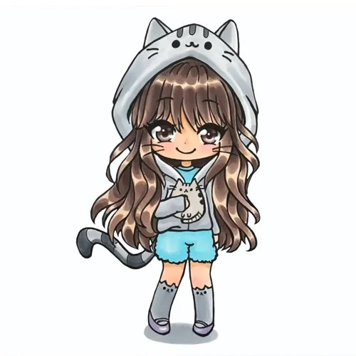 Цветной вариант раскраски гача лайф в капюшоне кошечка