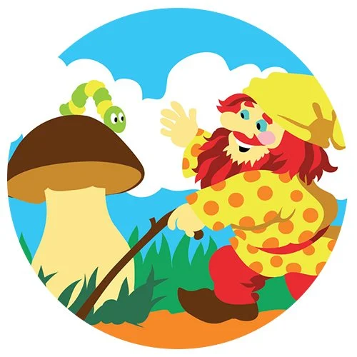 Цветной пример раскраски гномик и грибочек