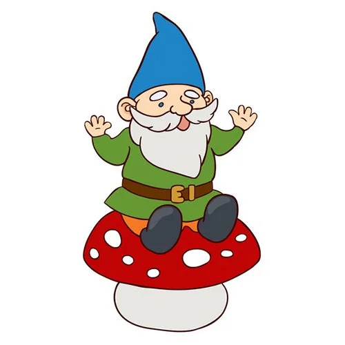 Цветной вариант раскраски гномик на грибе