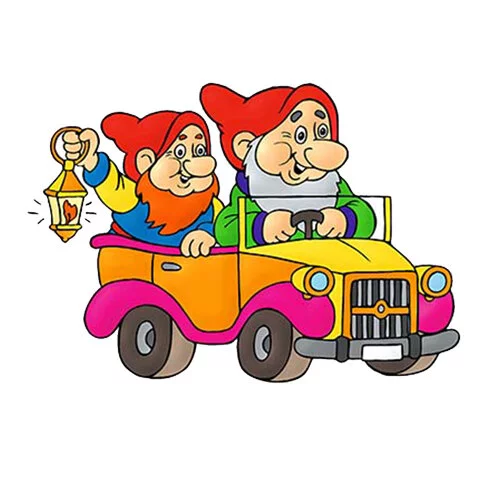 Цветной вариант раскраски гномы на машине