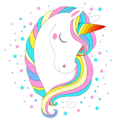 Цветной вариант раскраски голова единорога с волшебным рогом