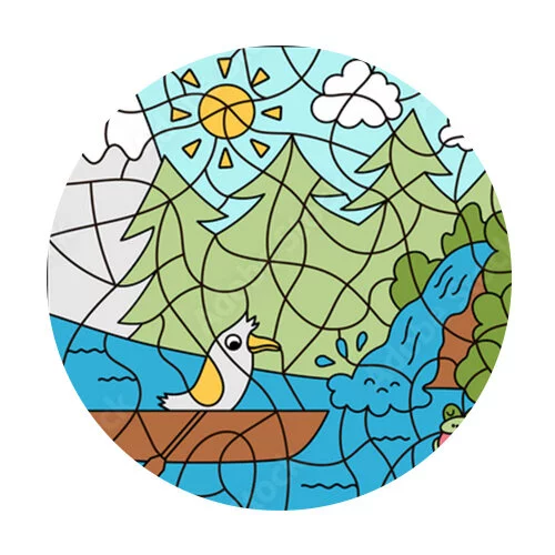 Цветной вариант раскраски по номерам: горы и лодка