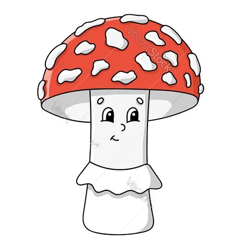 Цветной вариант раскраски гриб с глазками мухомо