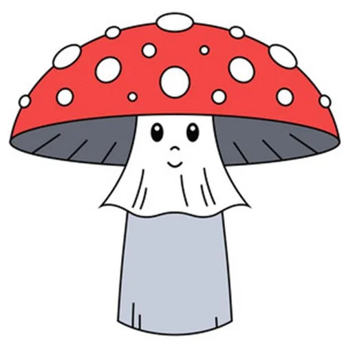 Цветной вариант раскраски гриб в шляпке с глазками