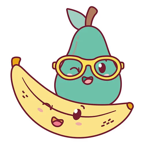 Цветной вариант раскраски груша и банан кавай