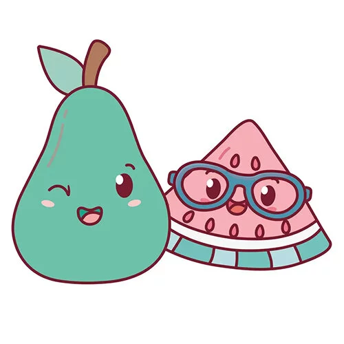 Цветной вариант раскраски груша и кусочек арбуза каваи