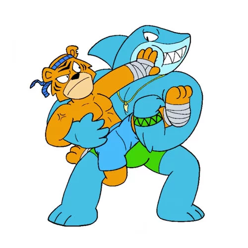 Цветной пример раскраски гуджитсу акула против медведя