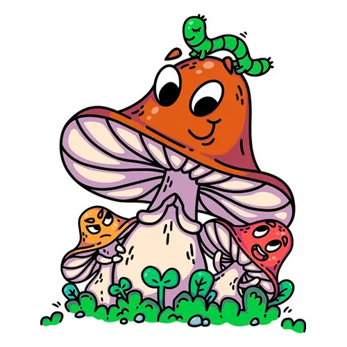 Цветной вариант раскраски гусеница на живом грибе