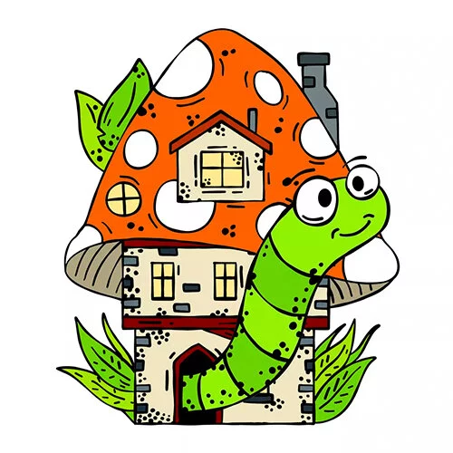 Цветной вариант раскраски гусеница в домике