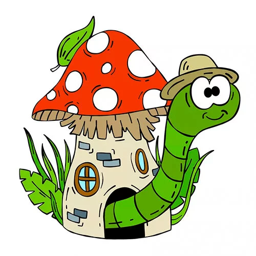 Цветной пример раскраски гусеница в шляпе