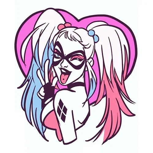 Цветной вариант раскраски харли квинн на фоне сердца