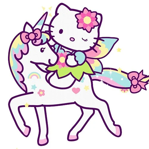 Цветной вариант раскраски хелло китти и милый единорог