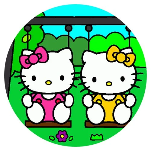 Цветной вариант раскраски хелло китти на качелях с сестрой