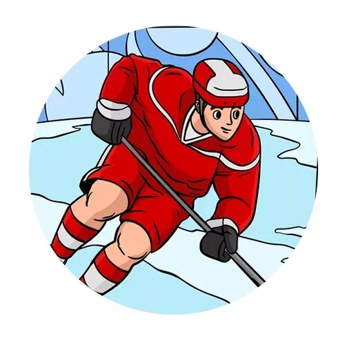 Цветной вариант раскраски хоккеист с шайбой