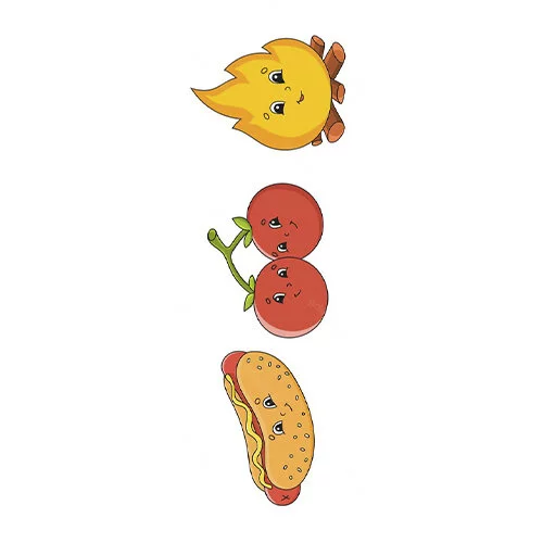 Цветной вариант раскраски хот-дог, помидоры, костер