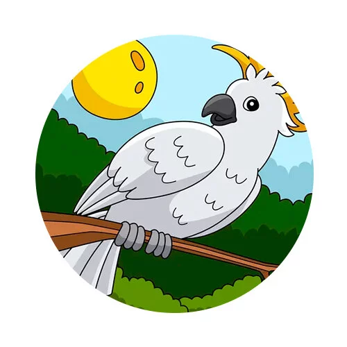 Цветной вариант раскраски какаду на солнце