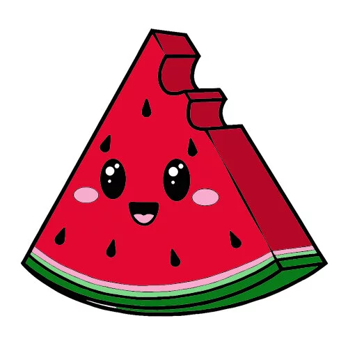 Цветной вариант раскраски каваи кусочек арбуз