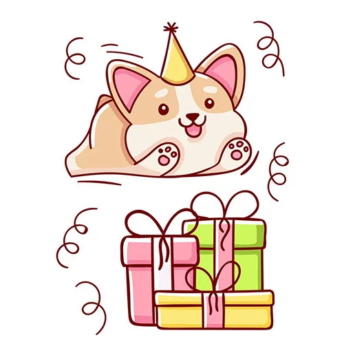 Цветной вариант раскраски корги дарит подарок